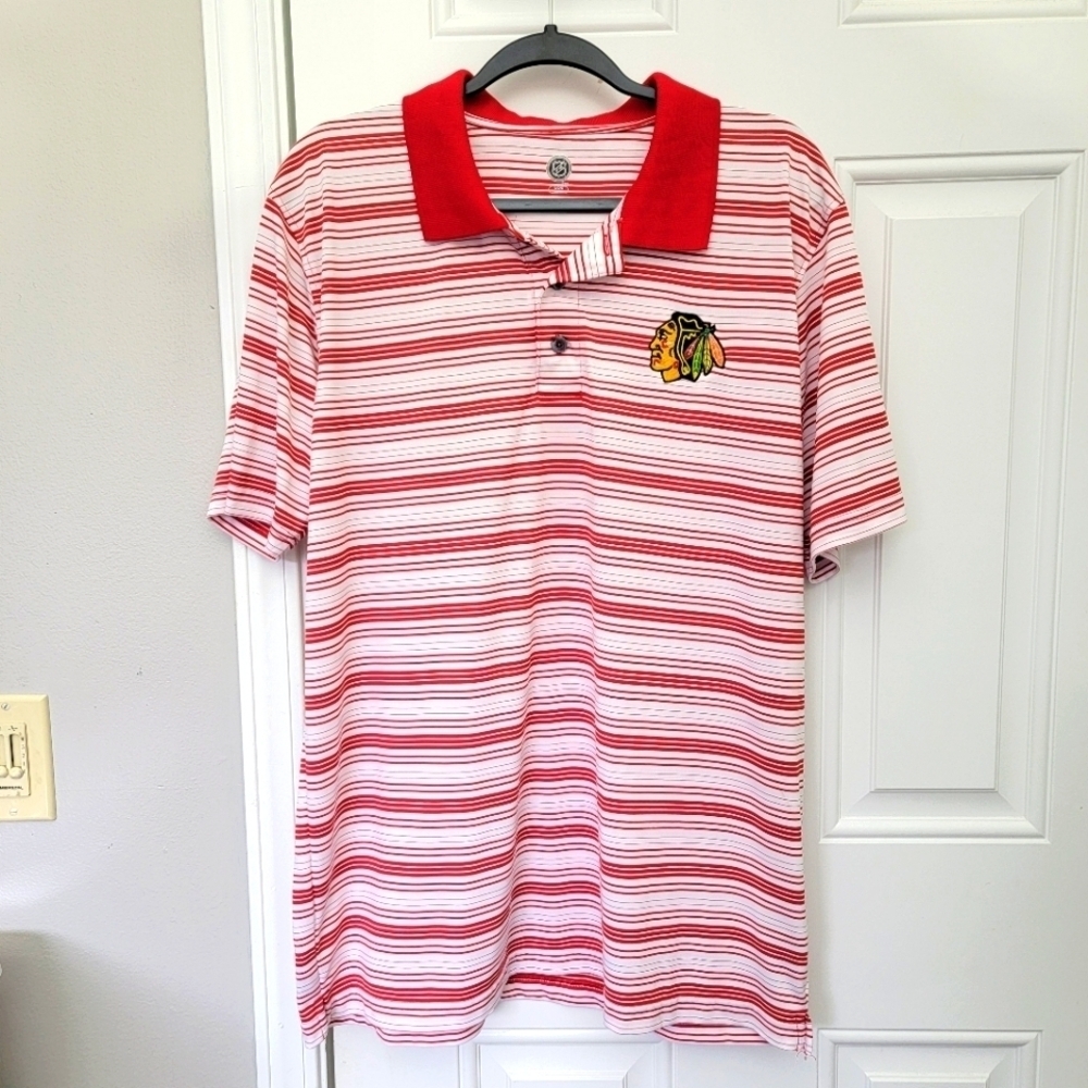 NHL Officially Licensed Chicago Blackhawks Rayon Polo Shirt Red White Striped L